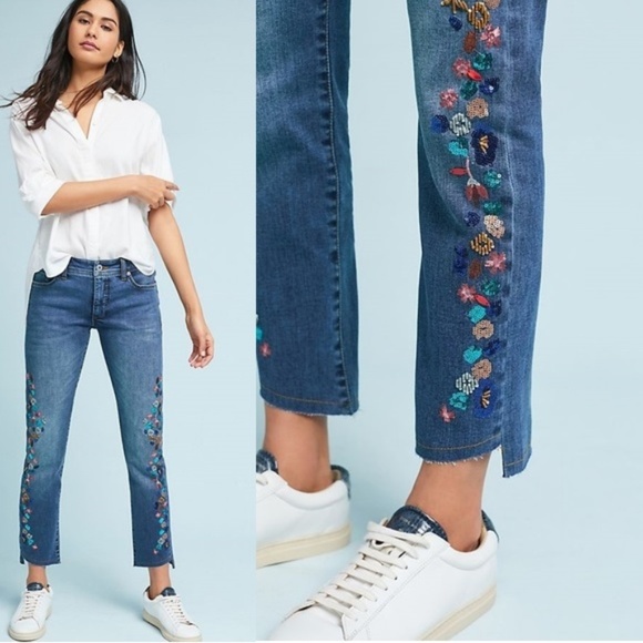 Pilcro and the Letterpress Denim - PILCRO EMBROIDERED MID-RISE SLIM STRAIGHT JEANS